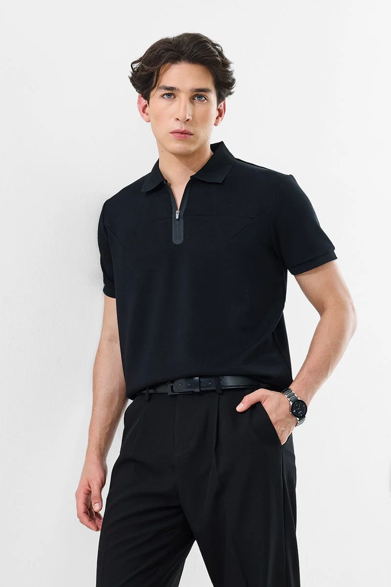 SNITCH Slim Fit Stretch Black Zipper Polo T-Shirt